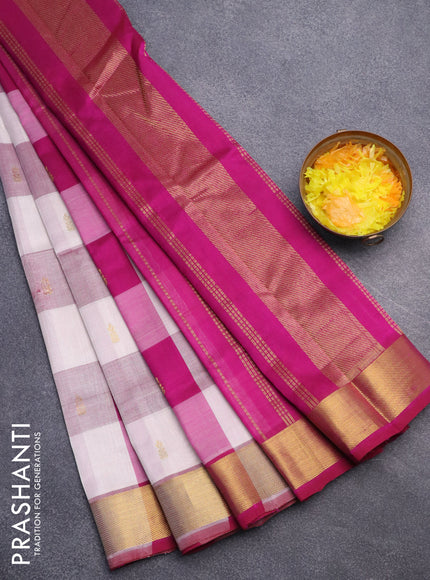 Silk cotton saree off white and magenta pink with allover paalum pazhamum checks & zari buttas and zari woven border