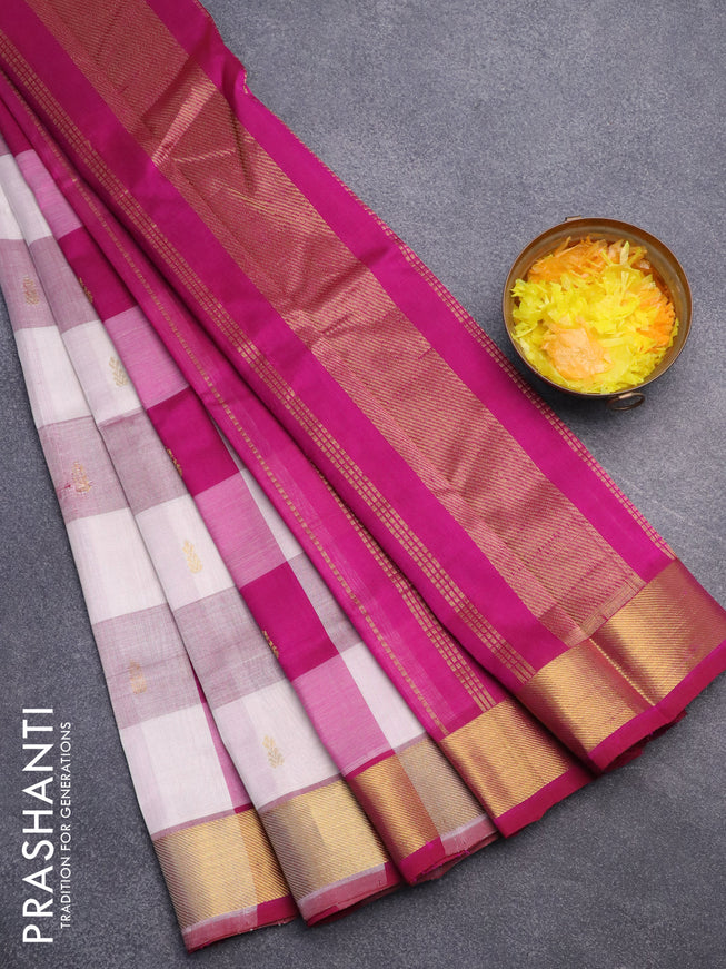 Silk cotton saree off white and magenta pink with allover paalum pazhamum checks & zari buttas and zari woven border