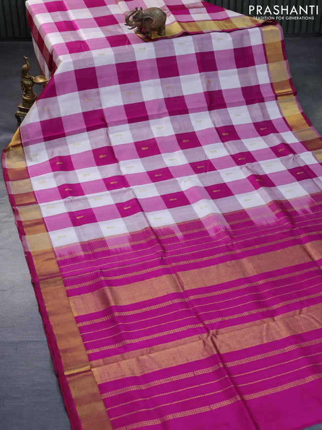 Silk cotton saree off white and magenta pink with allover paalum pazhamum checks & zari buttas and zari woven border