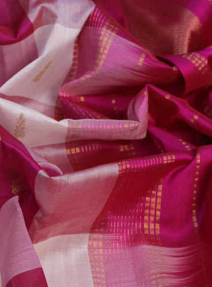 Silk cotton saree off white and magenta pink with allover paalum pazhamum checks & zari buttas and zari woven border