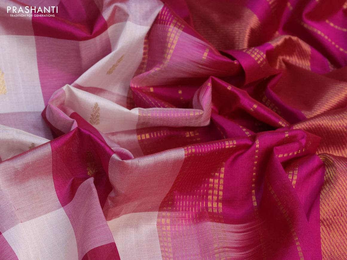 Silk cotton saree off white and magenta pink with allover paalum pazhamum checks & zari buttas and zari woven border