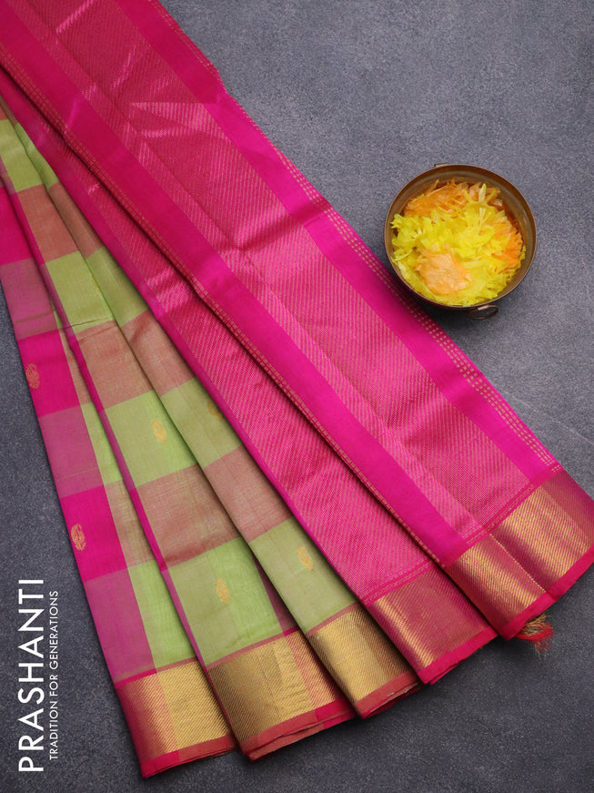 Silk cotton saree light green and pink with allover paalum pazhamum checks & paisley zari buttas and zari woven border