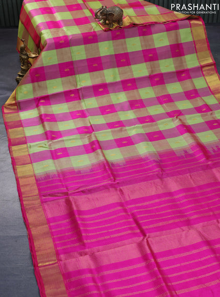 Silk cotton saree light green and pink with allover paalum pazhamum checks & paisley zari buttas and zari woven border