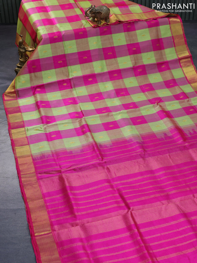 Silk cotton saree light green and pink with allover paalum pazhamum checks & paisley zari buttas and zari woven border