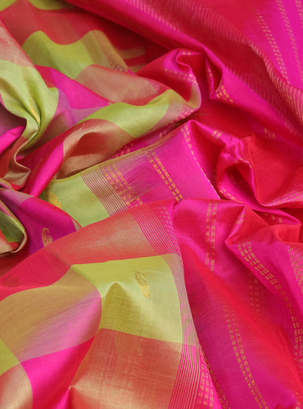 Silk cotton saree light green and pink with allover paalum pazhamum checks & paisley zari buttas and zari woven border