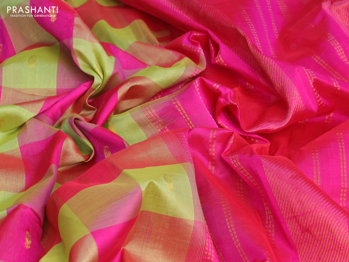 Silk cotton saree light green and pink with allover paalum pazhamum checks & paisley zari buttas and zari woven border