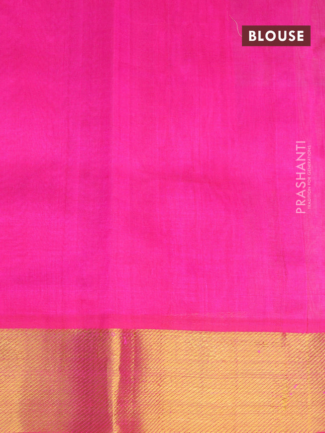 Silk cotton saree light green and pink with allover paalum pazhamum checks & paisley zari buttas and zari woven border