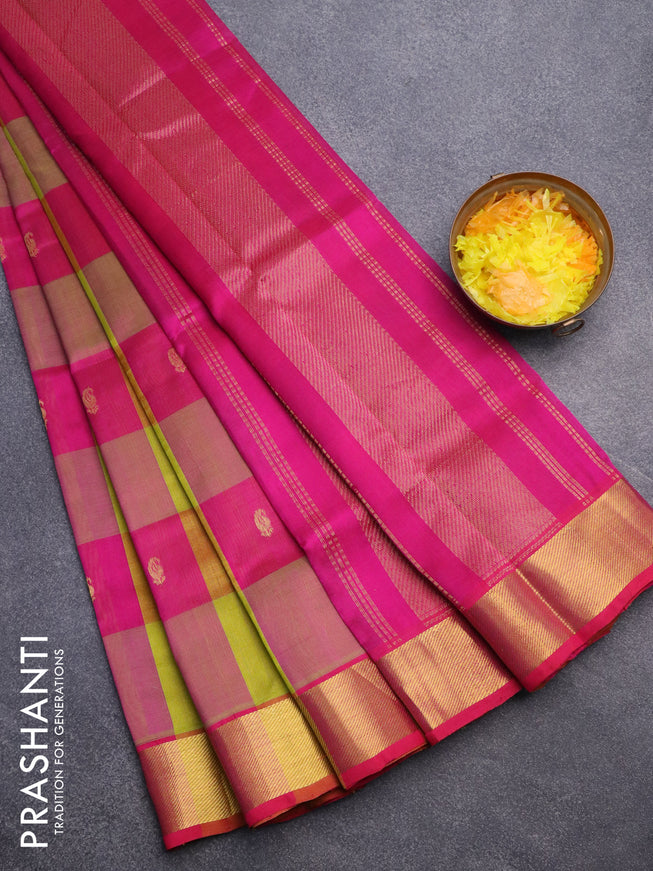 Silk cotton saree light green and magenta pink with allover paalum pazhamum checks & paisley zari buttas and zari woven border