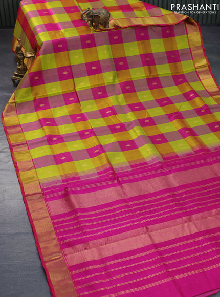 Silk cotton saree light green and magenta pink with allover paalum pazhamum checks & paisley zari buttas and zari woven border