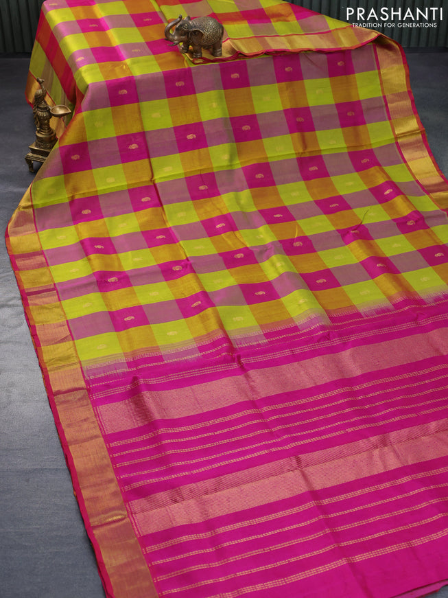 Silk cotton saree light green and magenta pink with allover paalum pazhamum checks & paisley zari buttas and zari woven border