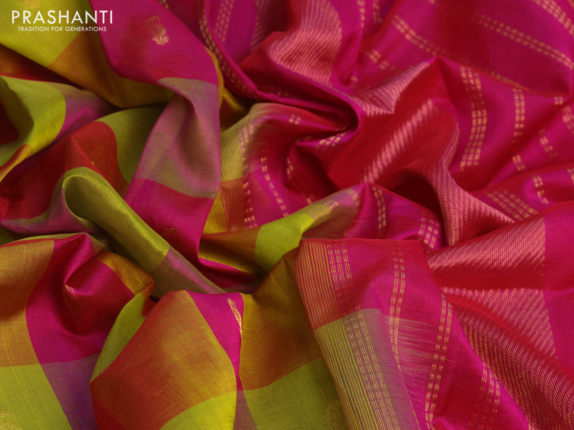 Silk cotton saree light green and magenta pink with allover paalum pazhamum checks & paisley zari buttas and zari woven border