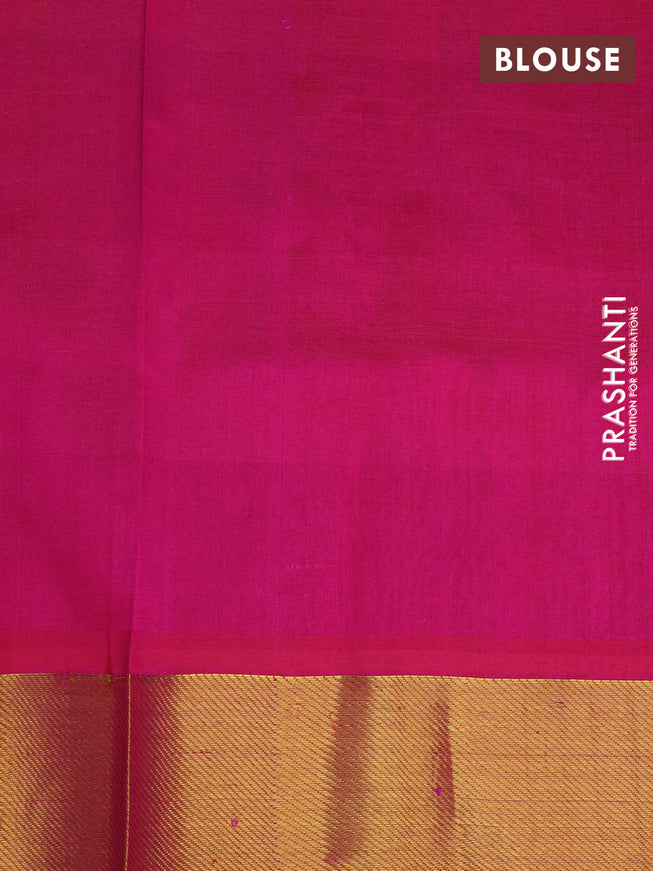 Silk cotton saree light green and magenta pink with allover paalum pazhamum checks & paisley zari buttas and zari woven border