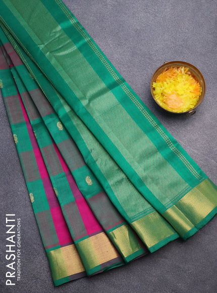 Silk cotton saree pink and green with allover paalum pazhamum checks & paisley zari buttas and zari woven border