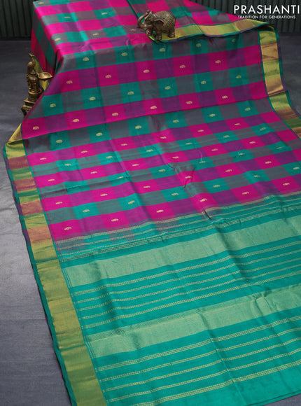 Silk cotton saree pink and green with allover paalum pazhamum checks & paisley zari buttas and zari woven border