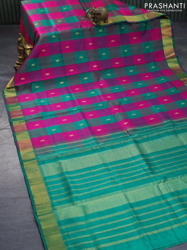 Silk cotton saree pink and green with allover paalum pazhamum checks & paisley zari buttas and zari woven border