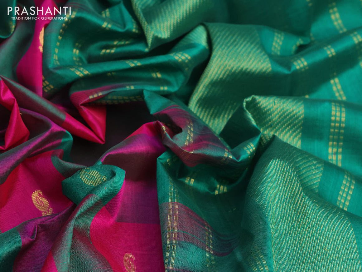 Silk cotton saree pink and green with allover paalum pazhamum checks & paisley zari buttas and zari woven border