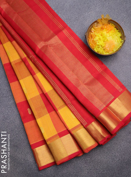 Silk cotton saree mango yellow and red with allover paalum pazhamum checks & paisley zari buttas and zari woven border