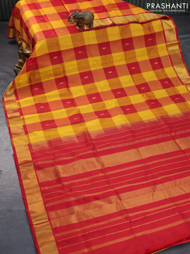 Silk cotton saree mango yellow and red with allover paalum pazhamum checks & paisley zari buttas and zari woven border