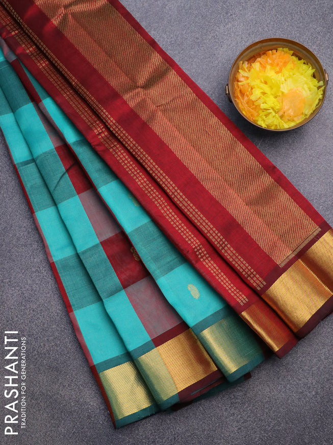 Silk cotton saree deep maroon and teal green with allover paalum pazhamum checks & paisley zari buttas and zari woven border