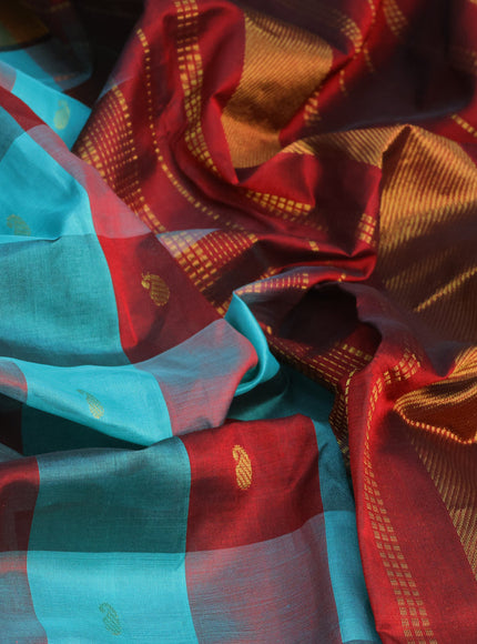 Silk cotton saree deep maroon and teal green with allover paalum pazhamum checks & paisley zari buttas and zari woven border