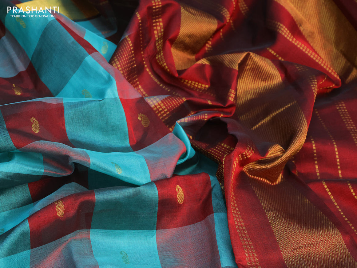 Silk cotton saree deep maroon and teal green with allover paalum pazhamum checks & paisley zari buttas and zari woven border