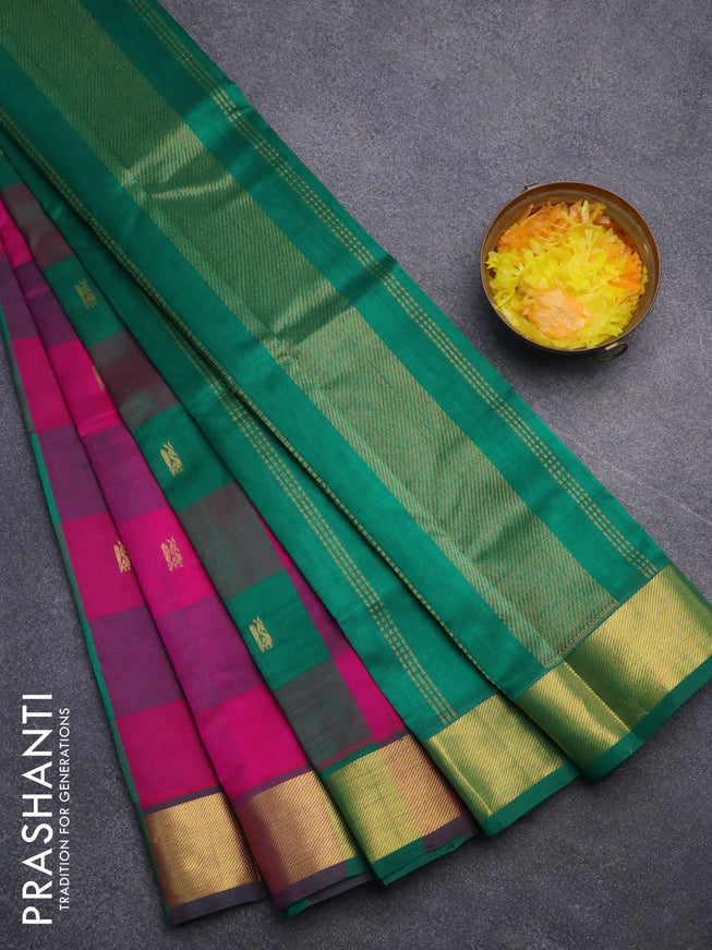 Silk cotton saree pink and green with allover paalum pazhamum checks & peacock zari buttas and zari woven border