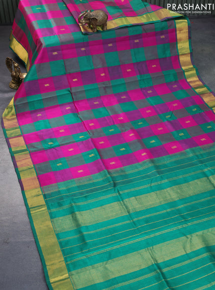 Silk cotton saree pink and green with allover paalum pazhamum checks & peacock zari buttas and zari woven border