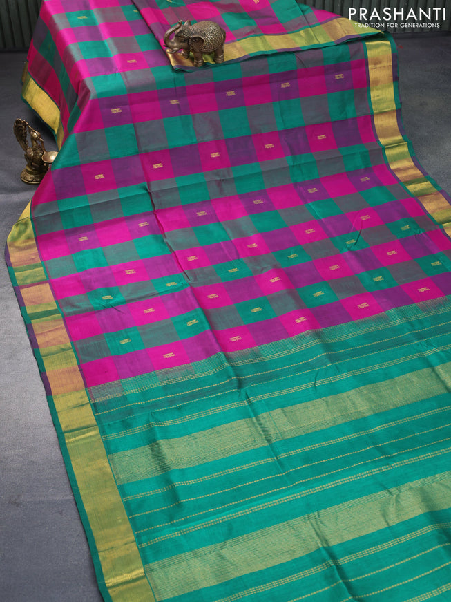 Silk cotton saree pink and green with allover paalum pazhamum checks & peacock zari buttas and zari woven border