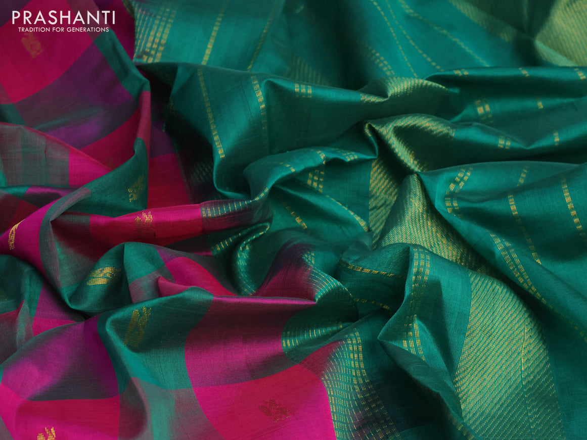 Silk cotton saree pink and green with allover paalum pazhamum checks & peacock zari buttas and zari woven border