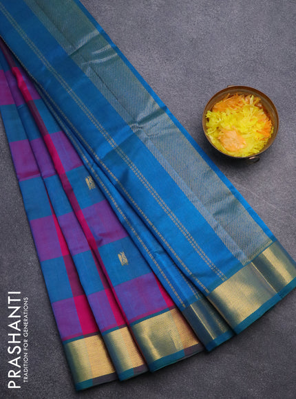 Silk cotton saree pink and peacock blue with allover paalum pazhamum checks & peacock zari buttas and zari woven border