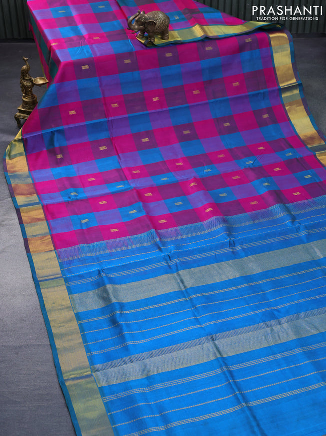 Silk cotton saree pink and peacock blue with allover paalum pazhamum checks & peacock zari buttas and zari woven border