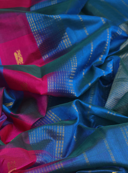 Silk cotton saree pink and peacock blue with allover paalum pazhamum checks & peacock zari buttas and zari woven border