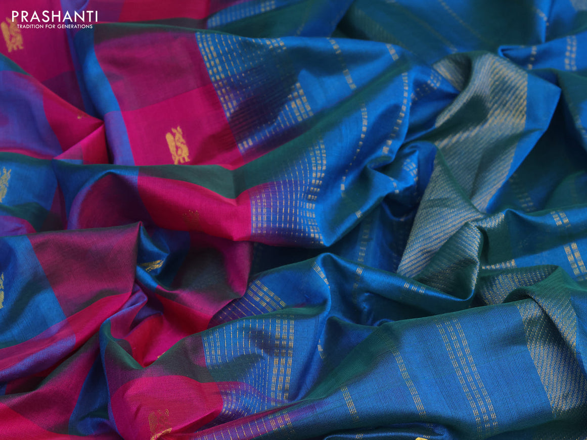 Silk cotton saree pink and peacock blue with allover paalum pazhamum checks & peacock zari buttas and zari woven border