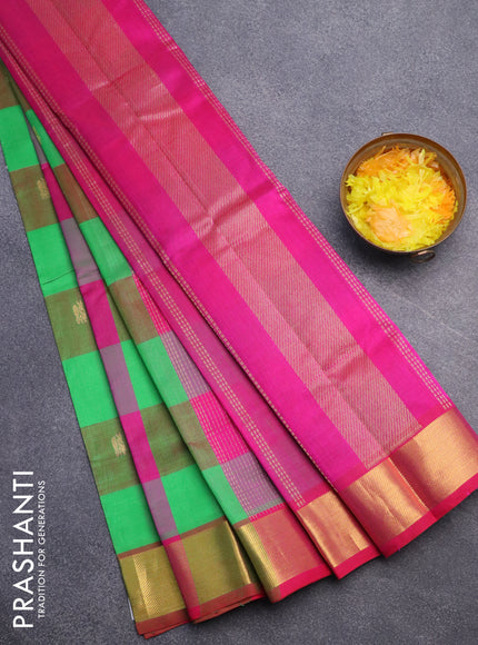 Silk cotton saree light green and pink with allover paalum pazhamum checks & peacock zari buttas and zari woven border