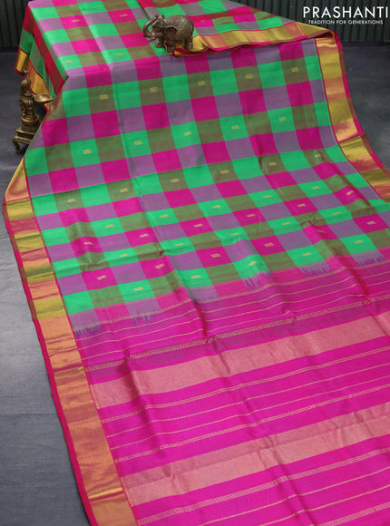 Silk cotton saree light green and pink with allover paalum pazhamum checks & peacock zari buttas and zari woven border