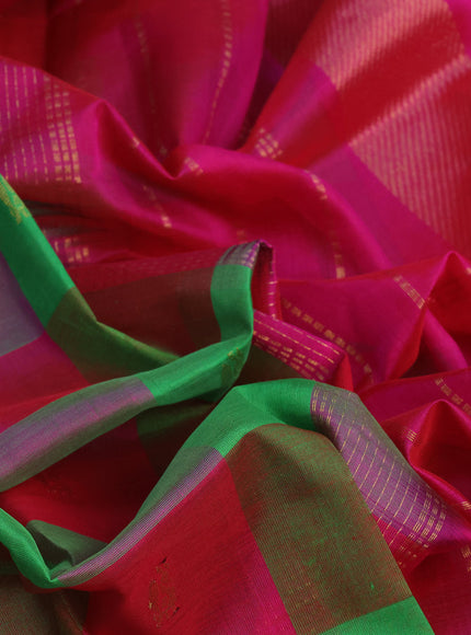 Silk cotton saree light green and pink with allover paalum pazhamum checks & peacock zari buttas and zari woven border