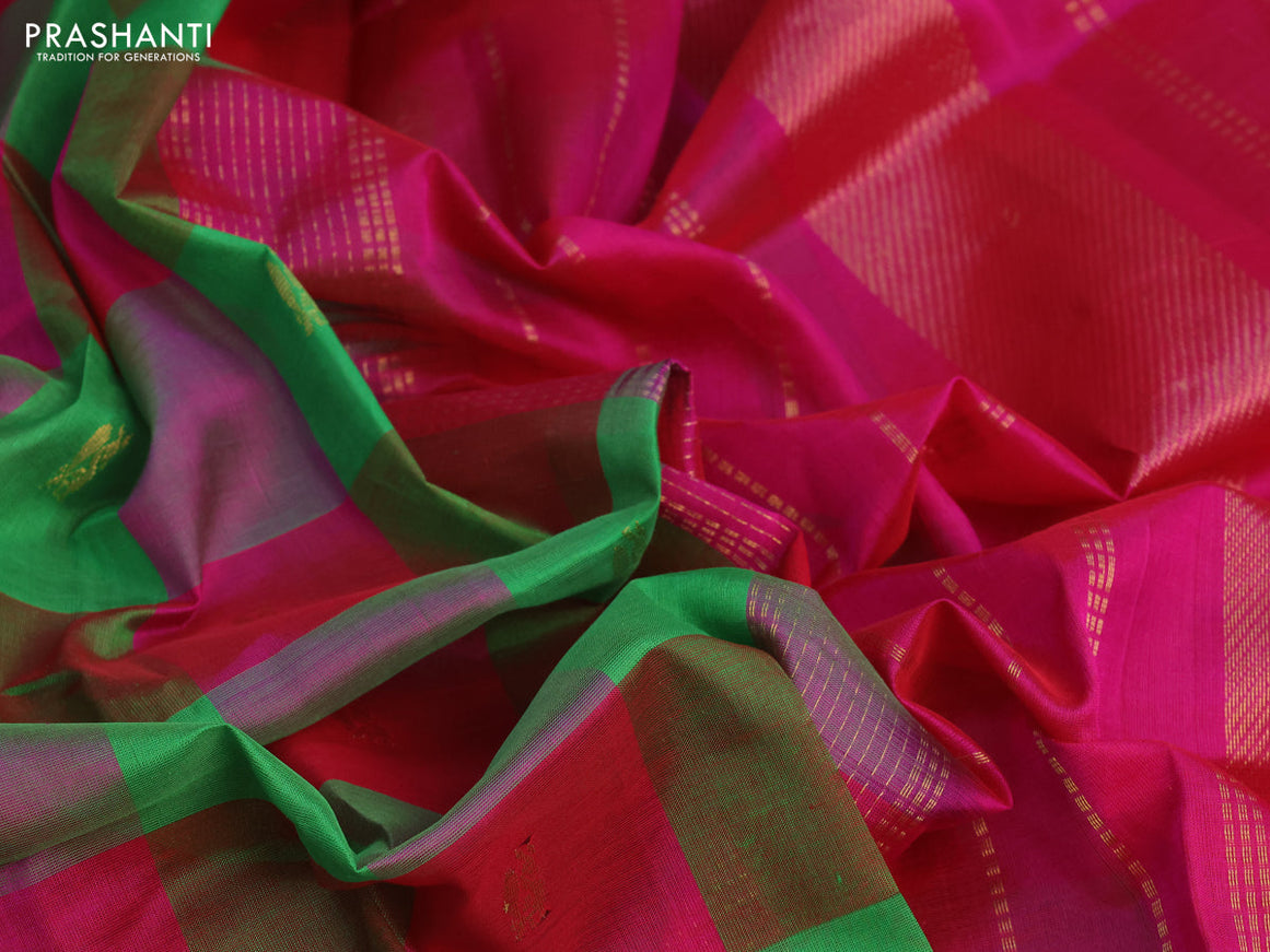 Silk cotton saree light green and pink with allover paalum pazhamum checks & peacock zari buttas and zari woven border