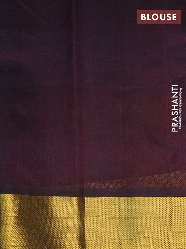 Silk cotton saree cs blue and coffee brown with allover paalum pazhamum checks & peacock zari buttas and zari woven border