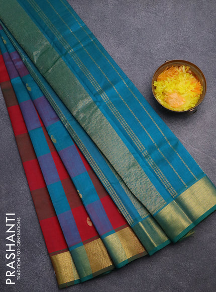 Silk cotton saree red and peacock green with allover paalum pazhamum checks & paisley zari buttas and zari woven border