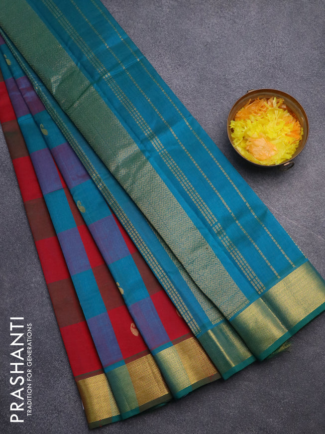 Silk cotton saree red and peacock green with allover paalum pazhamum checks & paisley zari buttas and zari woven border