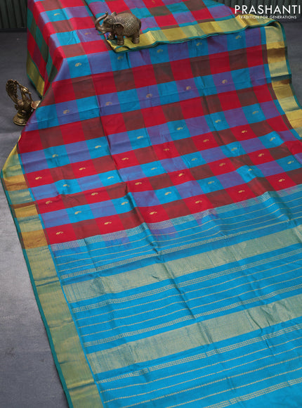 Silk cotton saree red and peacock green with allover paalum pazhamum checks & paisley zari buttas and zari woven border