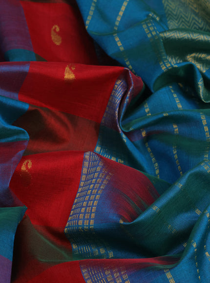 Silk cotton saree red and peacock green with allover paalum pazhamum checks & paisley zari buttas and zari woven border