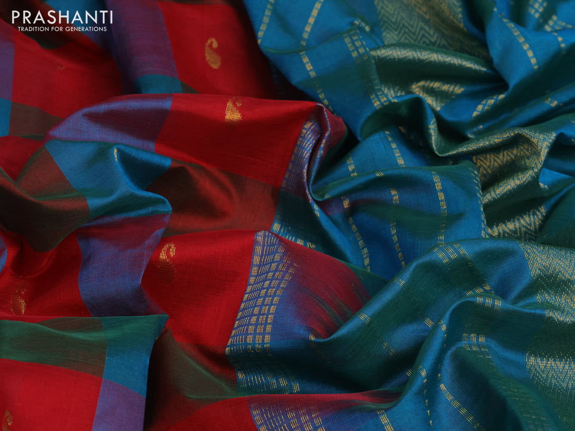 Silk cotton saree red and peacock green with allover paalum pazhamum checks & paisley zari buttas and zari woven border