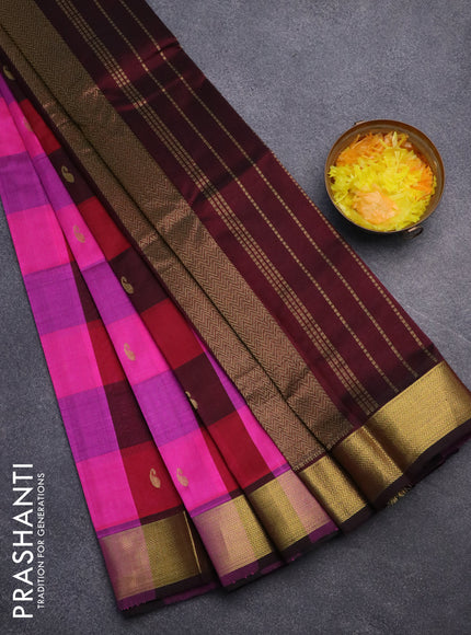 Silk cotton saree pink and coffee brown with allover paalum pazhamum checks & paisley zari buttas and zari woven border