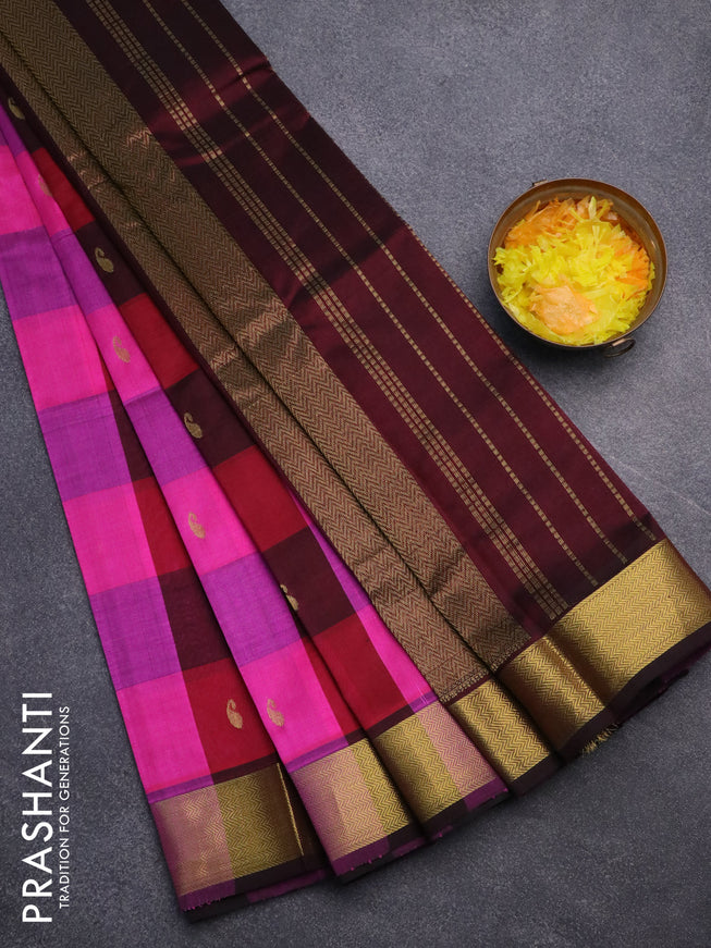 Silk cotton saree pink and coffee brown with allover paalum pazhamum checks & paisley zari buttas and zari woven border