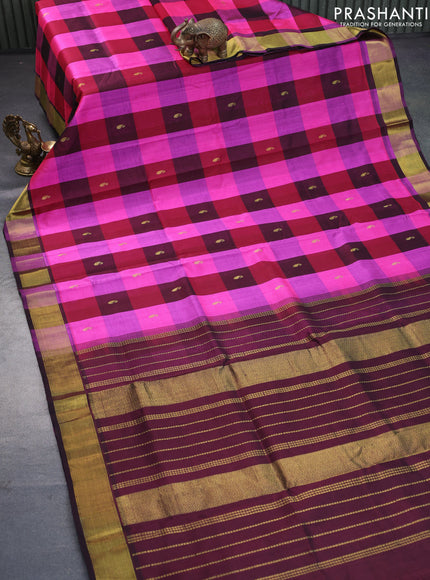 Silk cotton saree pink and coffee brown with allover paalum pazhamum checks & paisley zari buttas and zari woven border