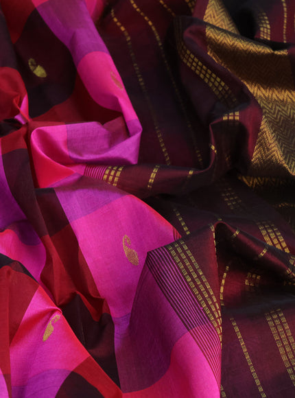 Silk cotton saree pink and coffee brown with allover paalum pazhamum checks & paisley zari buttas and zari woven border