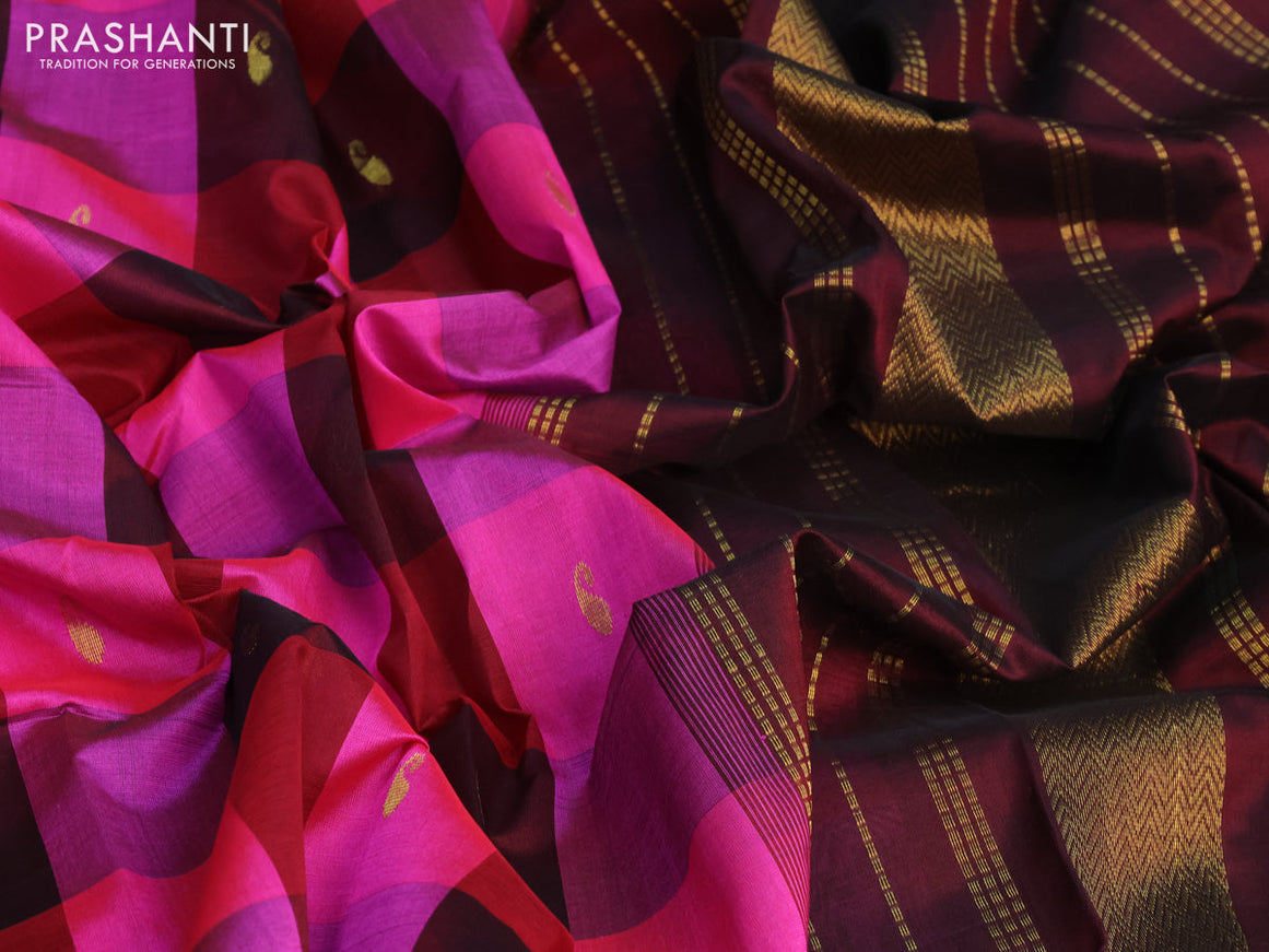 Silk cotton saree pink and coffee brown with allover paalum pazhamum checks & paisley zari buttas and zari woven border