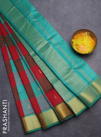 Silk cotton saree red and teal green with allover paalum pazhamum checks & paisley zari buttas and zari woven border