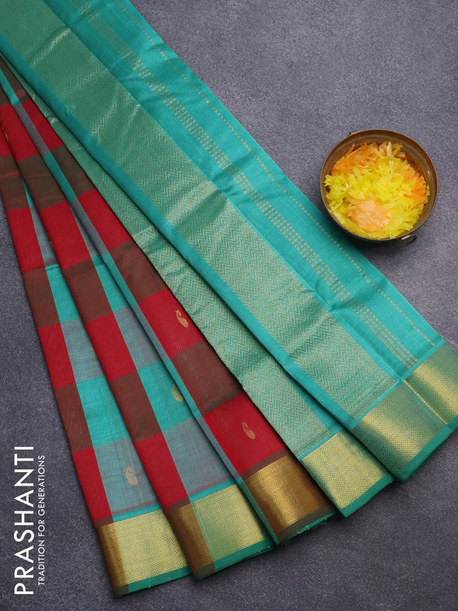 Silk cotton saree red and teal green with allover paalum pazhamum checks & paisley zari buttas and zari woven border